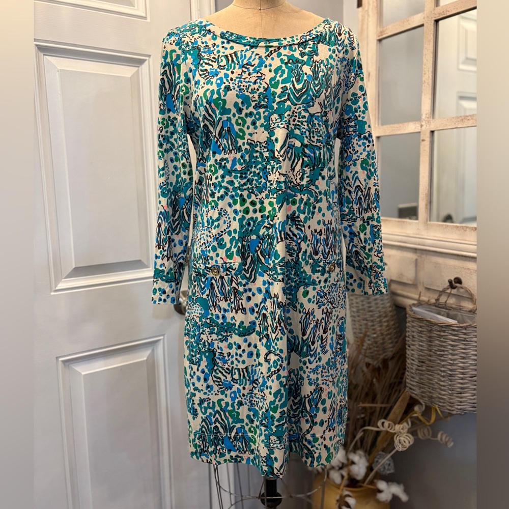 Lilly Pulitzer Corinne Sea Oat Midi Teal‎ and White Long Sleeve Dress 100% Pima